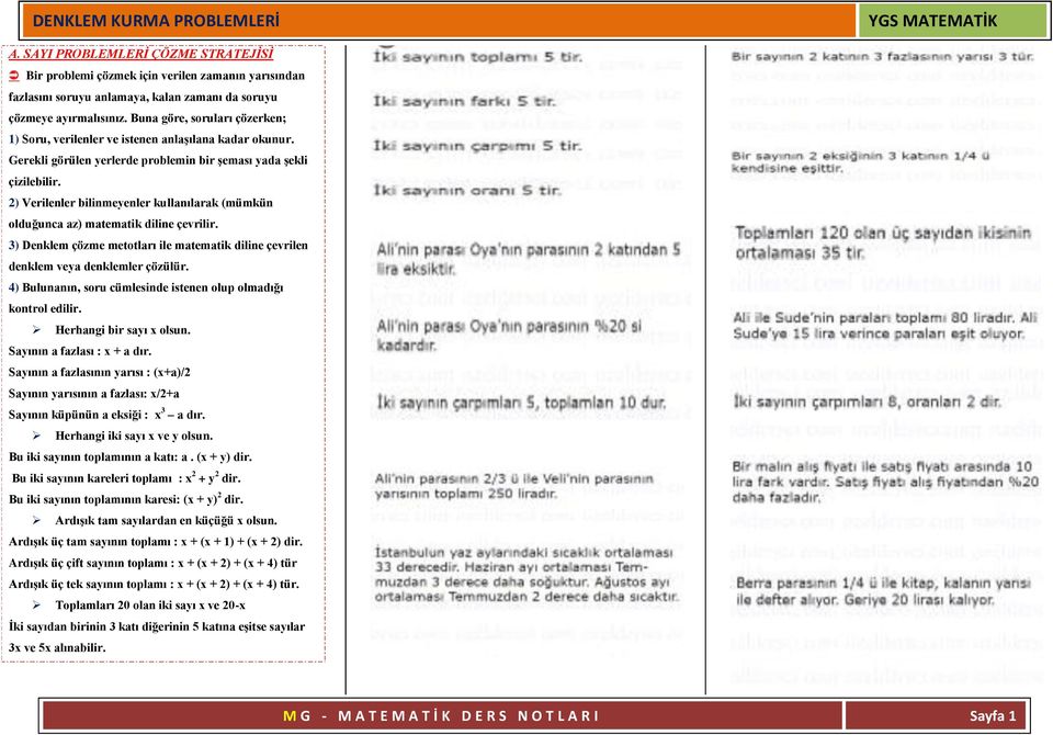 2) Verilenler bilinmeyenler kullanılarak (mümkün olduğunca az) matematik diline çevrilir. 3) enklem çözme metotları ile matematik diline çevrilen denklem veya denklemler çözülür.