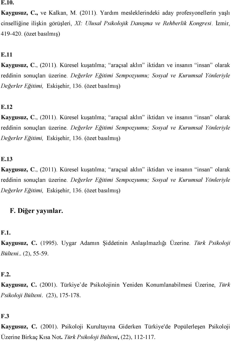 Değerler Eğitimi Sempozyumu; Sosyal ve Kurumsal Yönleriyle Değerler Eğitimi, Eskişehir, 136. (özet basılmış) E.12 Kaygusuz, C., (2011).