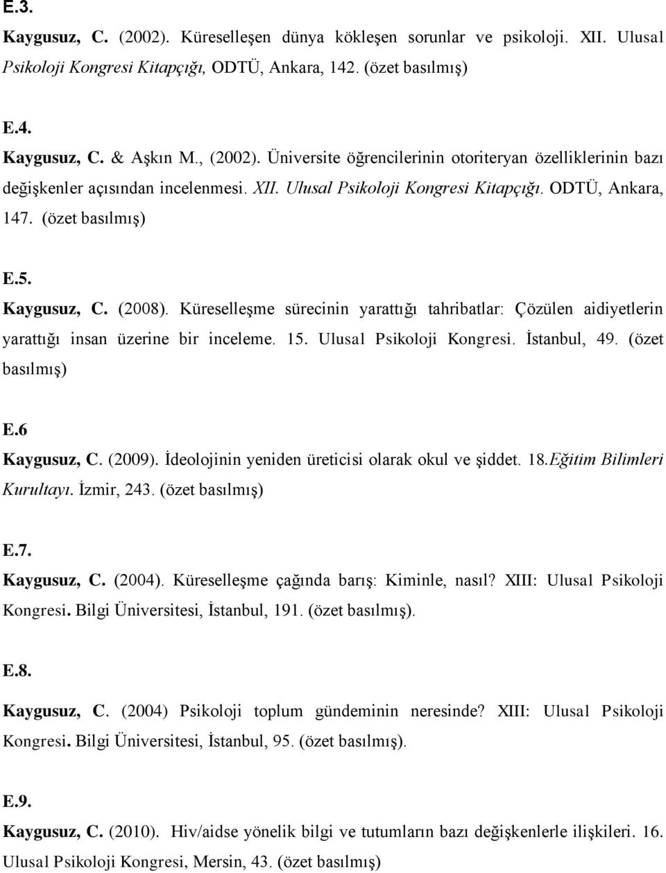 Küreselleşme sürecinin yarattığı tahribatlar: Çözülen aidiyetlerin yarattığı insan üzerine bir inceleme. 15. Ulusal Psikoloji Kongresi. İstanbul, 49. (özet basılmış) E.6 Kaygusuz, C. (2009).