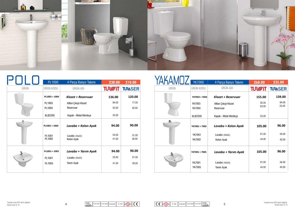 00 KLB2200 Kapak - Metal Menteşe 55.00 KLB2200 Kapak - Metal Menteşe 55.00 PL1001 + 1002 Lavabo + Kolon Ayak 94.00 90.00 YK7001 + 7002 Lavabo + Kolon Ayak 105.00 96.