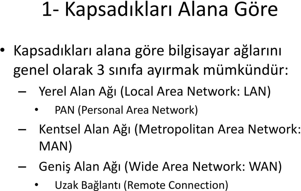 Network: LAN) PAN (Personal Area Network) Kentsel Alan Ağı (Metropolitan