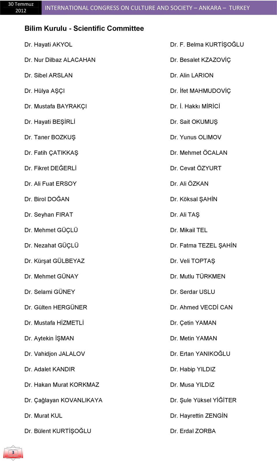 Selami GÜNEY Dr. Gülten HERGÜNER Dr. Mustafa HĠZMETLĠ Dr. Aytekin ĠġMAN Dr. Vahidjon JALALOV Dr. Adalet KANDIR Dr. Hakan Murat KORKMAZ Dr. Çağlayan KOVANLIKAYA Dr. Murat KUL Dr. Bülent KURTĠġOĞLU Dr.