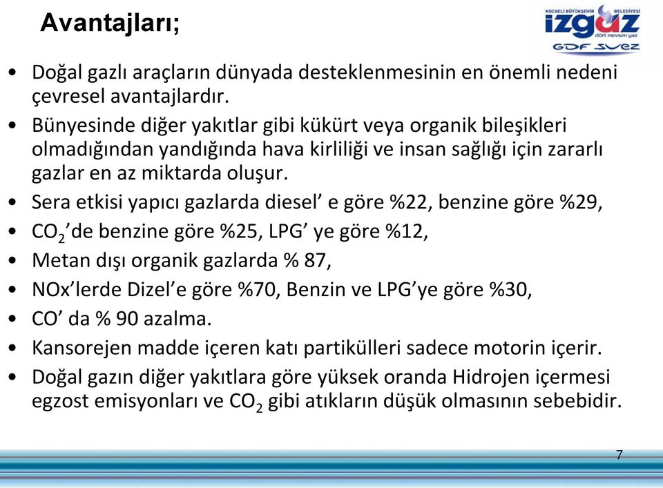 Sera etkisi yapıcı gazlarda diesel e göre %22, benzine göre %29, CO 2 de benzine göre %25, LPG ye göre %12, Metan dışı organik gazlarda % 87, NOx lerde Dizel e göre %70,