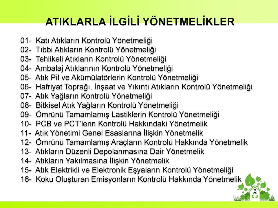 Yağların Kontrolü Yönetmeliği 09- Ömrünü Tamamlamış Lastiklerin Kontrolü Yönetmeliği 10- PCB ve PCT lerin Kontrolü Hakkındaki Yönetmelik 11- Atık Yönetimi Genel Esaslarına İlişkin Yönetmelik 12-