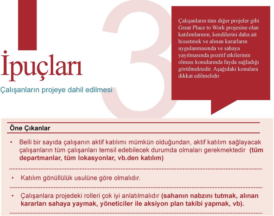 Aşağıdaki konulara dikkat edilmelidir Çalışanların projeye dahil edilmesi Öne Çıkanlar Belli bir sayıda çalışanın aktif katılımı mümkün olduğundan, aktif katılım sağlayacak çalışanların tüm