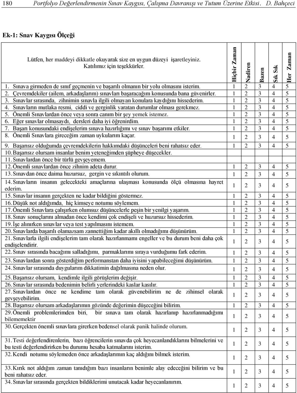 3. Sınavlar sırasında, zihnimin sınavla ilgili olmayan konulara kaydığını hissederim. 4. Sınavların mutlaka resmi, ciddi ve gerginlik yaratan durumlar olması gerekmez. 5.