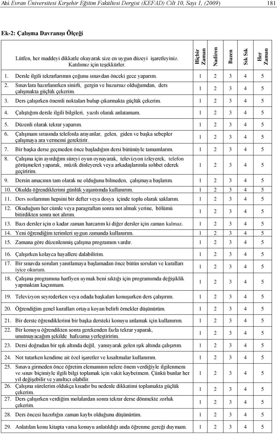 Sınavlara hazırlanırken sinirli, gergin ve huzursuz olduğumdan, ders çalıģmakta güçlük çekerim. 3. Ders çalıģırken önemli noktaları bulup çıkarmakta güçlük çekerim. 4.