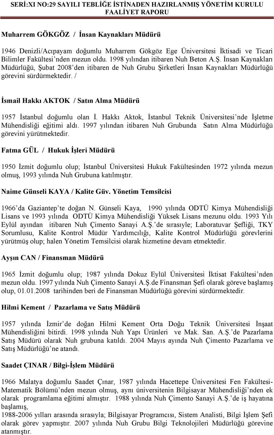 Hakkı Aktok, İstanbul Teknik Üniversitesi nde İşletme Mühendisliği eğitimi aldı. 1997 yılından itibaren Nuh Grubunda Satın Alma Müdürlüğü görevini yürütmektedir.