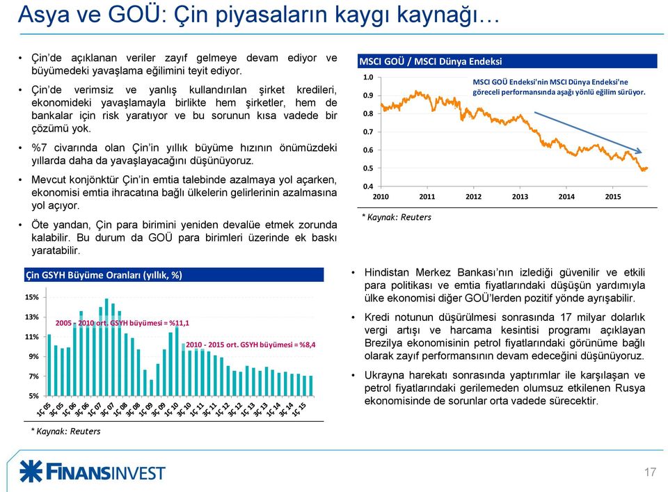 %7 civarında olan Çin in yıllık büyüme hızının önümüzdeki yıllarda daha da yavaşlayacağını düşünüyoruz.