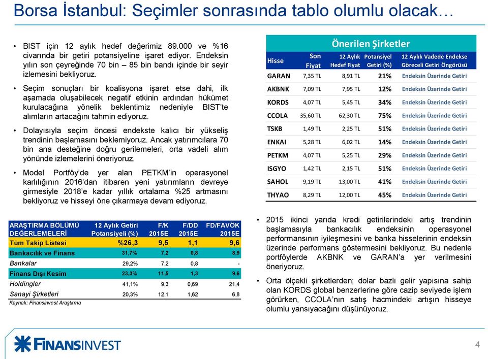 Seçim sonuçları bir koalisyona işaret etse dahi, ilk aşamada oluşabilecek negatif etkinin ardından hükümet kurulacağına yönelik beklentimiz nedeniyle BIST te alımların artacağını tahmin ediyoruz.