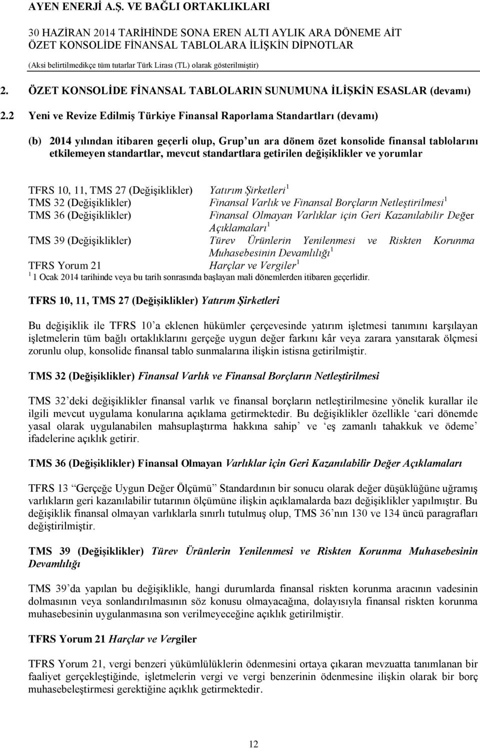 mevcut standartlara getirilen değişiklikler ve yorumlar TFRS 10, 11, TMS 27 (Değişiklikler) Yatırım Şirketleri 1 TMS 32 (Değişiklikler) Finansal Varlık ve Finansal Borçların Netleştirilmesi 1 TMS 36