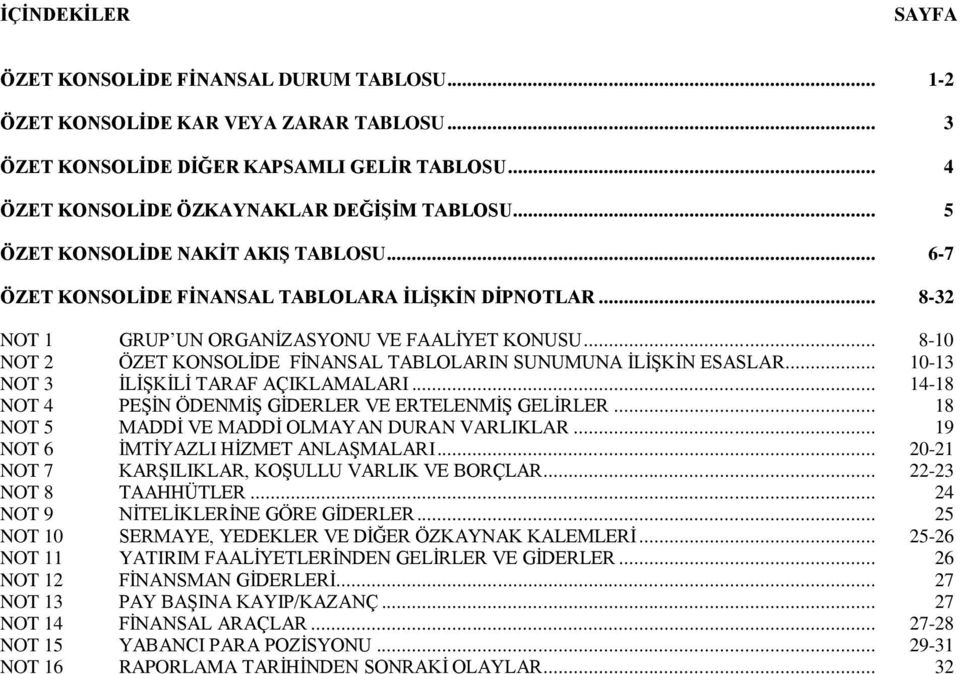 .. 10-13 NOT 3 İLİŞKİLİ TARAF AÇIKLAMALARI... 14-18 NOT 4 PEŞİN ÖDENMİŞ GİDERLER VE ERTELENMİŞ GELİRLER... 18 NOT 5 MADDİ VE MADDİ OLMAYAN DURAN VARLIKLAR... 19 NOT 6 İMTİYAZLI HİZMET ANLAŞMALARI.