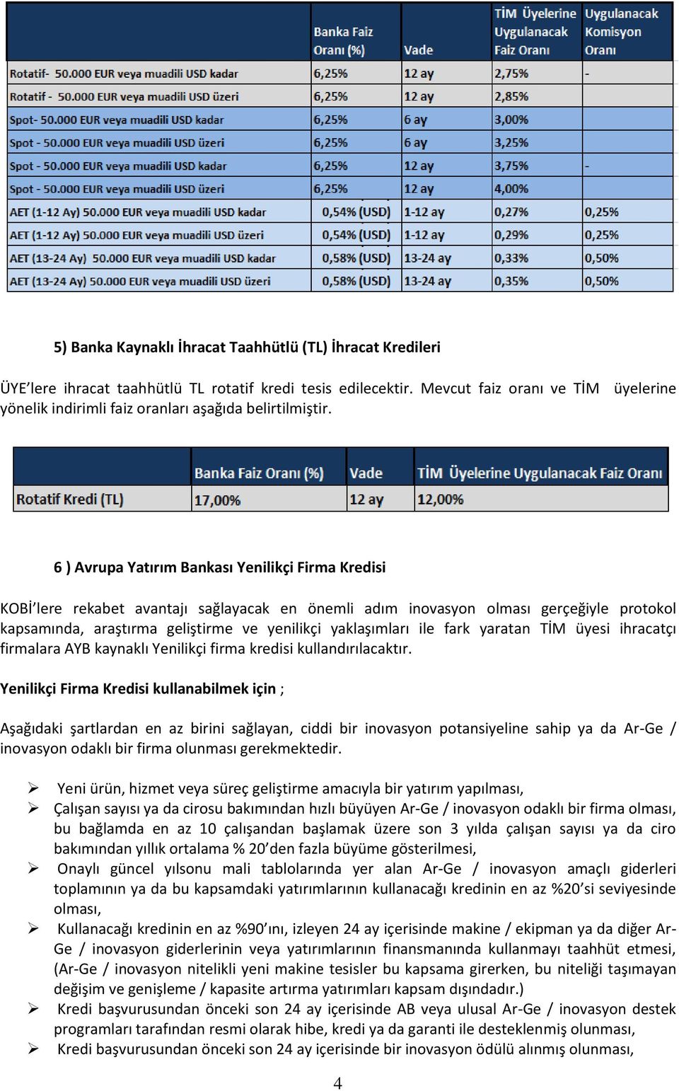 6 ) Avrupa Yatırım Bankası Yenilikçi Firma Kredisi KOBİ lere rekabet avantajı sağlayacak en önemli adım inovasyon olması gerçeğiyle protokol kapsamında, araştırma geliştirme ve yenilikçi yaklaşımları