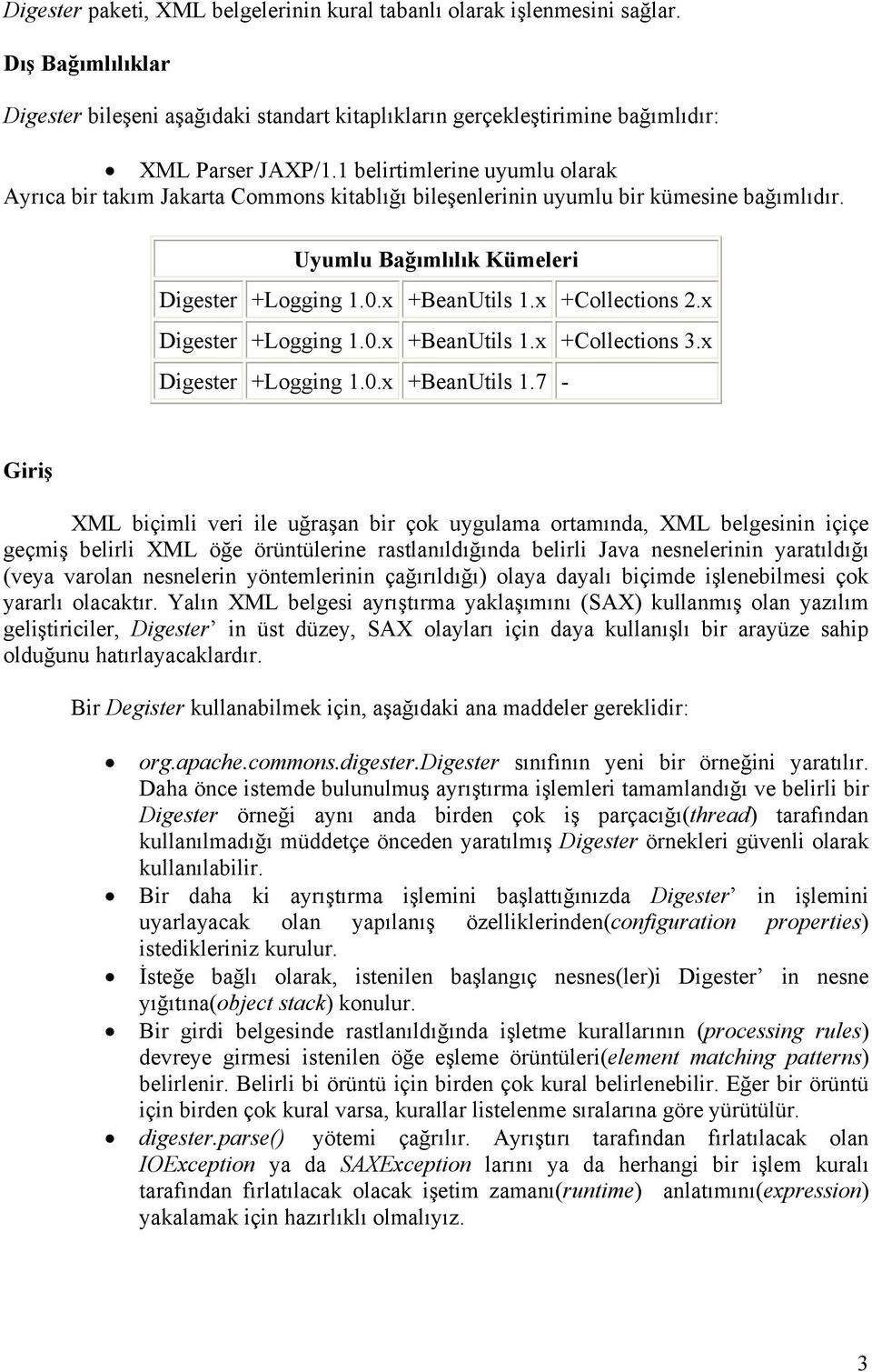 x +Collections 2.x Digester +Logging 1.0.x +BeanUtils 1.