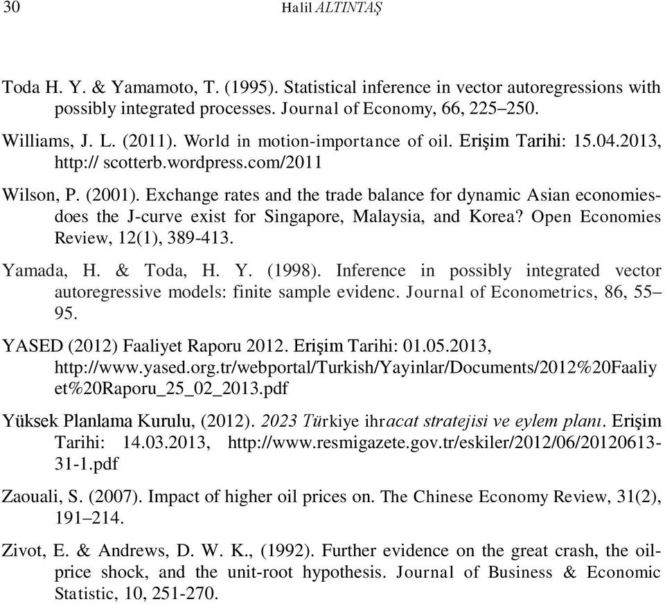 Exchange rates and the trade balance for dynamic Asian economiesdoes the J-curve exist for Singapore, Malaysia, and Korea? Open Economies Review, 12(1), 389-413. Yamada, H. & Toda, H. Y. (1998).