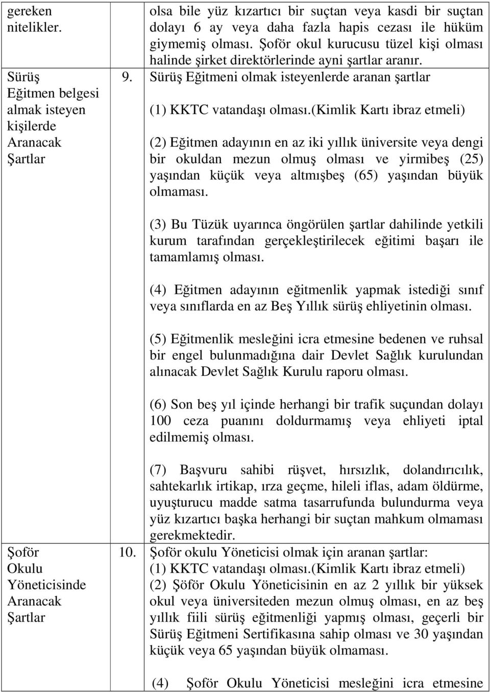 Şoför okul kurucusu tüzel kişi olması halinde şirket direktörlerinde ayni şartlar aranır. 9. Sürüş Eğitmeni olmak isteyenlerde aranan şartlar (1) KKTC vatandaşı olması.