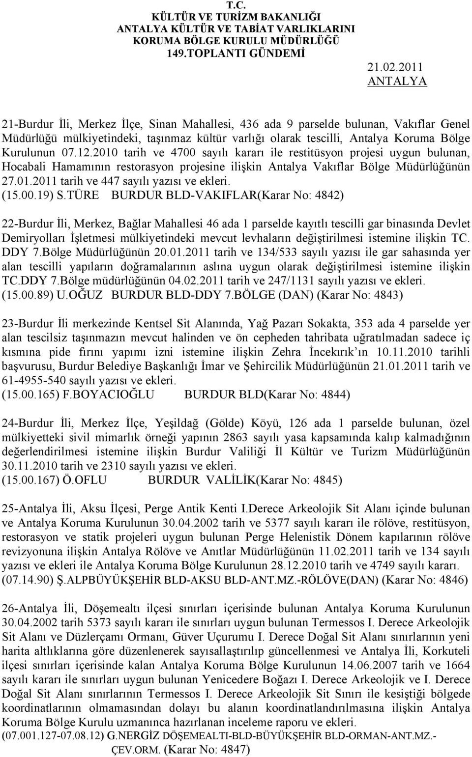 2010 tarih ve 4700 sayılı kararı ile restitüsyon projesi uygun bulunan, Hocabali Hamamının restorasyon projesine ilişkin Antalya Vakıflar Bölge Müdürlüğünün 27.01.2011 tarih ve 447 sayılı yazısı ve ekleri.