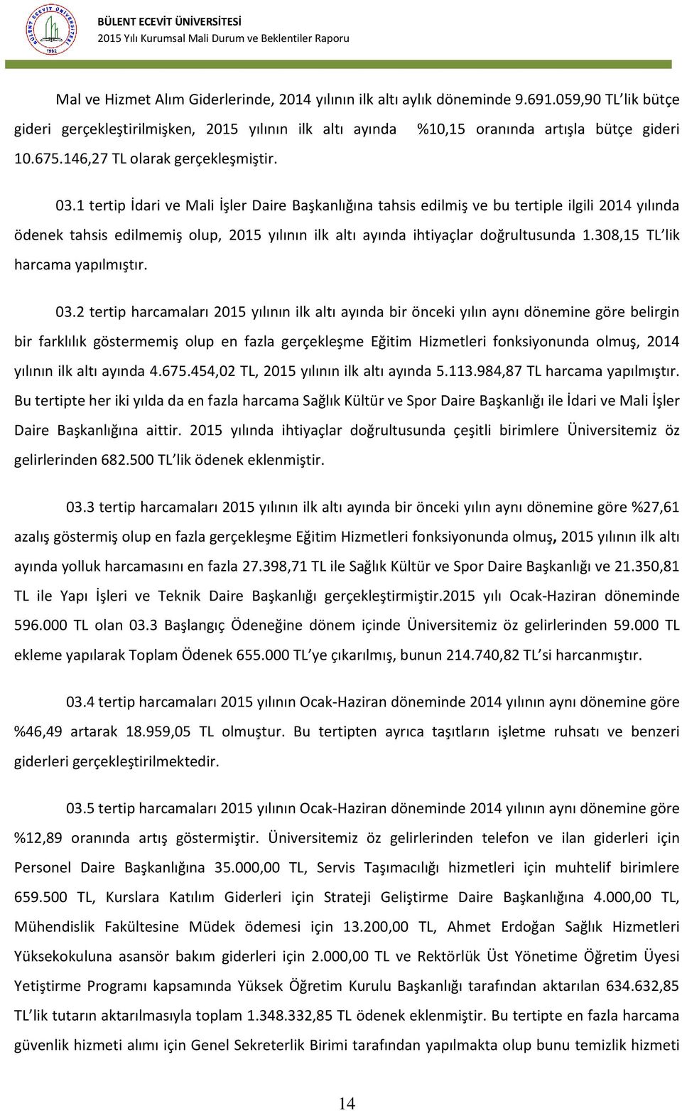 1 tertip İdari ve Mali İşler Daire Başkanlığına tahsis edilmiş ve bu tertiple ilgili 2014 yılında ödenek tahsis edilmemiş olup, 2015 yılının ilk altı ayında ihtiyaçlar doğrultusunda 1.