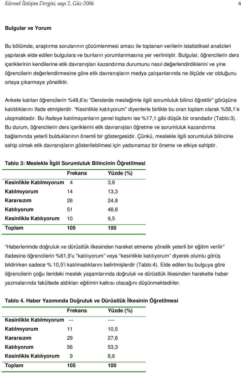 Bulgular, öğrencilerin ders içeriklerinin kendilerine etik davranışları kazandırma durumunu nasıl değerlendirdiklerini ve yine öğrencilerin değerlendirmesine göre etik davranışların medya