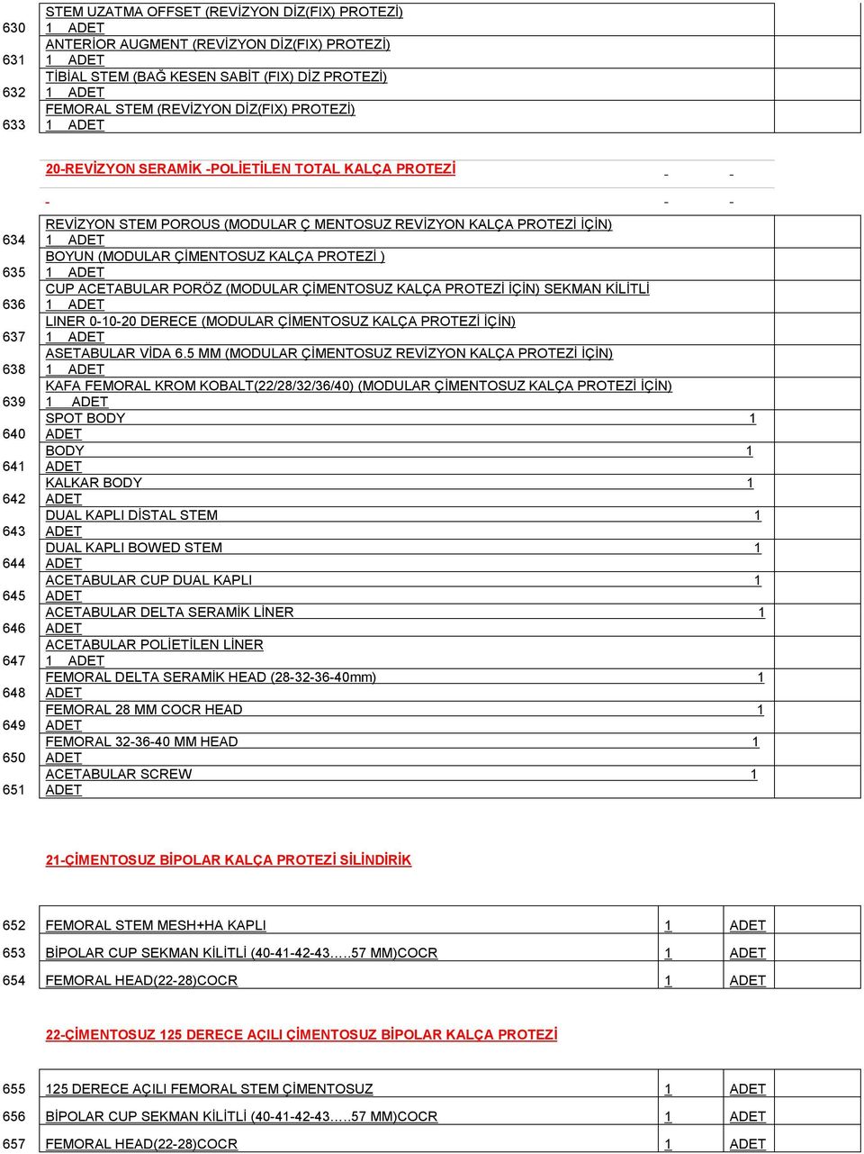 (MODULAR ÇİMENTOSUZ KALÇA PROTEZİ ) CUP ACETABULAR PORÖZ (MODULAR ÇİMENTOSUZ KALÇA PROTEZİ İÇİN) SEKMAN KİLİTLİ LINER 0-10-20 DERECE (MODULAR ÇİMENTOSUZ KALÇA PROTEZİ İÇİN) ASETABULAR VİDA 6.