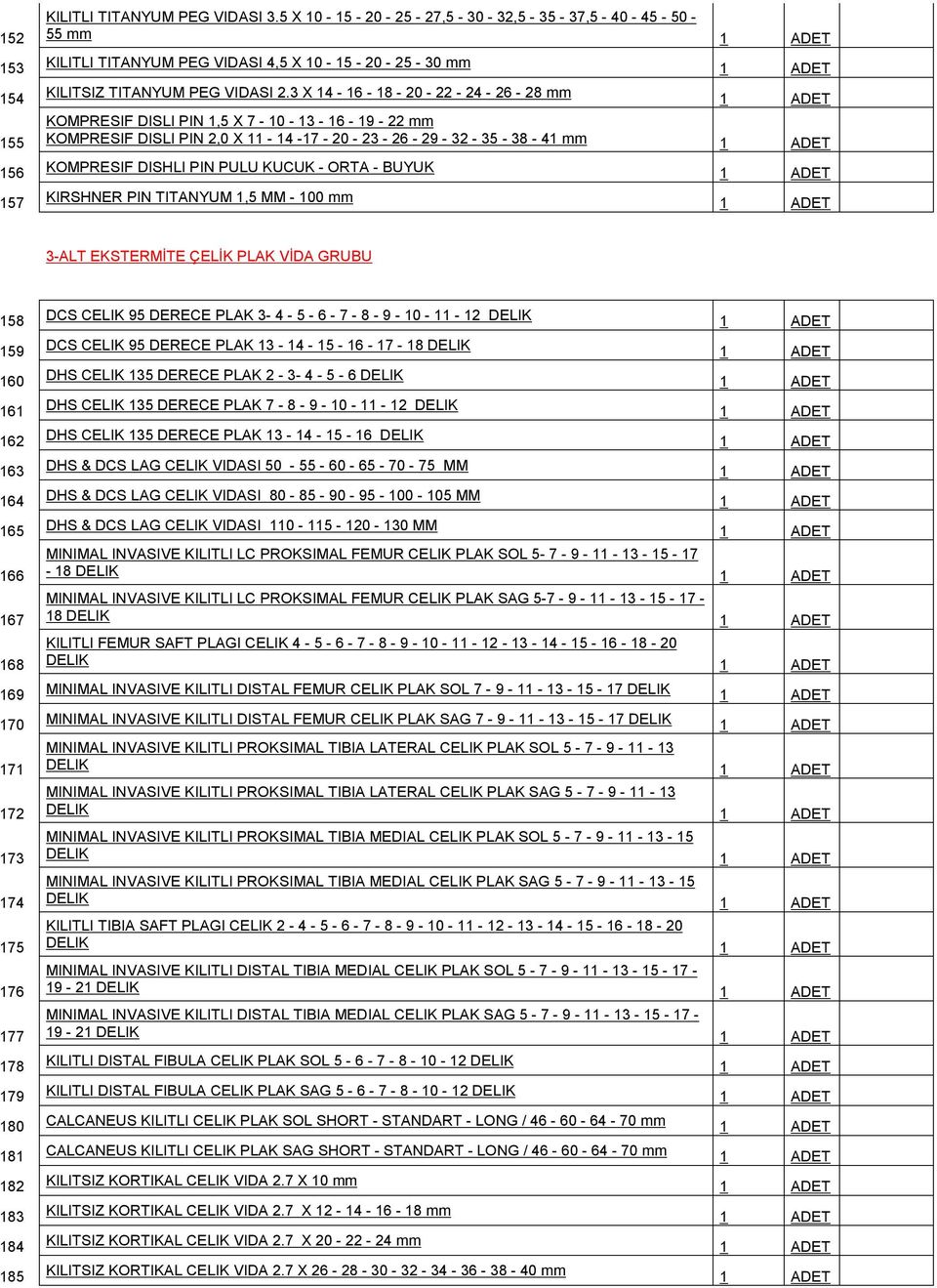 ORTA - BUYUK 157 KIRSHNER PIN TITANYUM 1,5 MM - 100 mm 3-ALT EKSTERMİTE ÇELİK PLAK VİDA GRUBU 158 DCS CELIK 95 DERECE PLAK 3-4 - 5-6 - 7-8 - 9-10 - 11-12 DELIK 159 160 161 162 DCS CELIK 95 DERECE