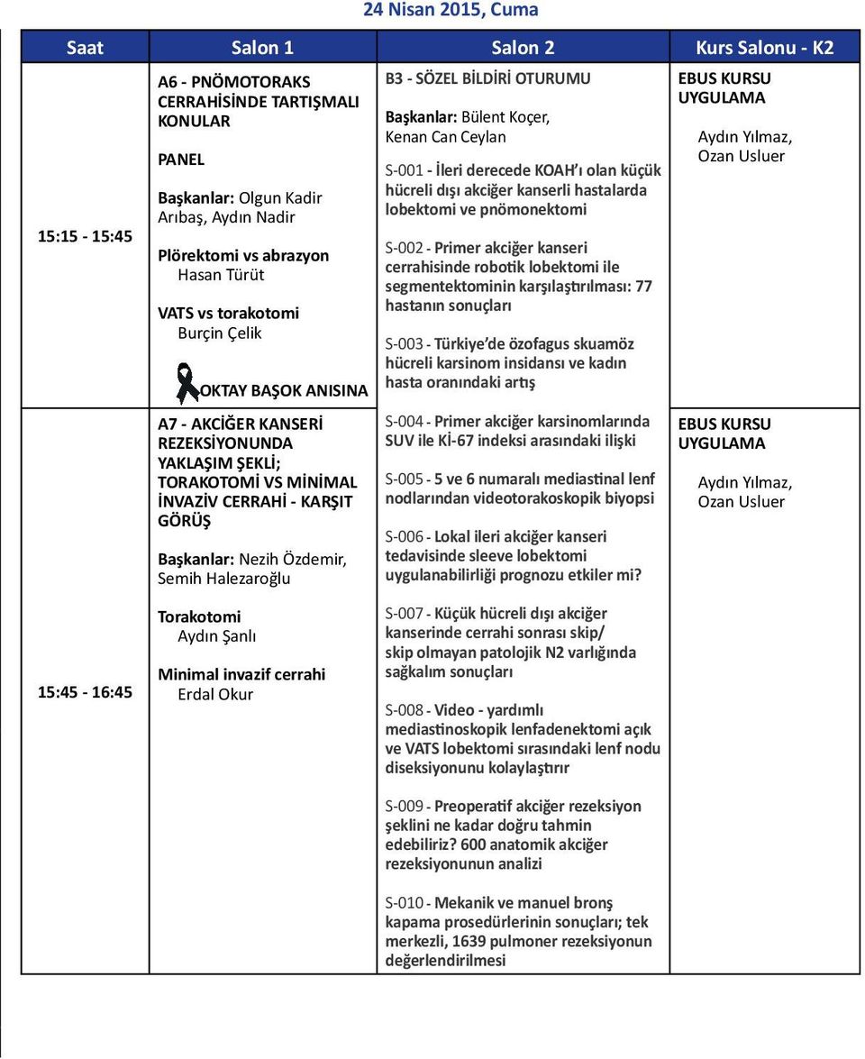 Özdemir, Semih Halezaroğlu Torakotomi Aydın Şanlı Minimal invazif cerrahi Erdal Okur 24 Nisan 2015, Cuma Başkanlar: Bülent Koçer, Kenan Can Ceylan S-001 - İleri derecede KOAH ı olan küçük hücreli