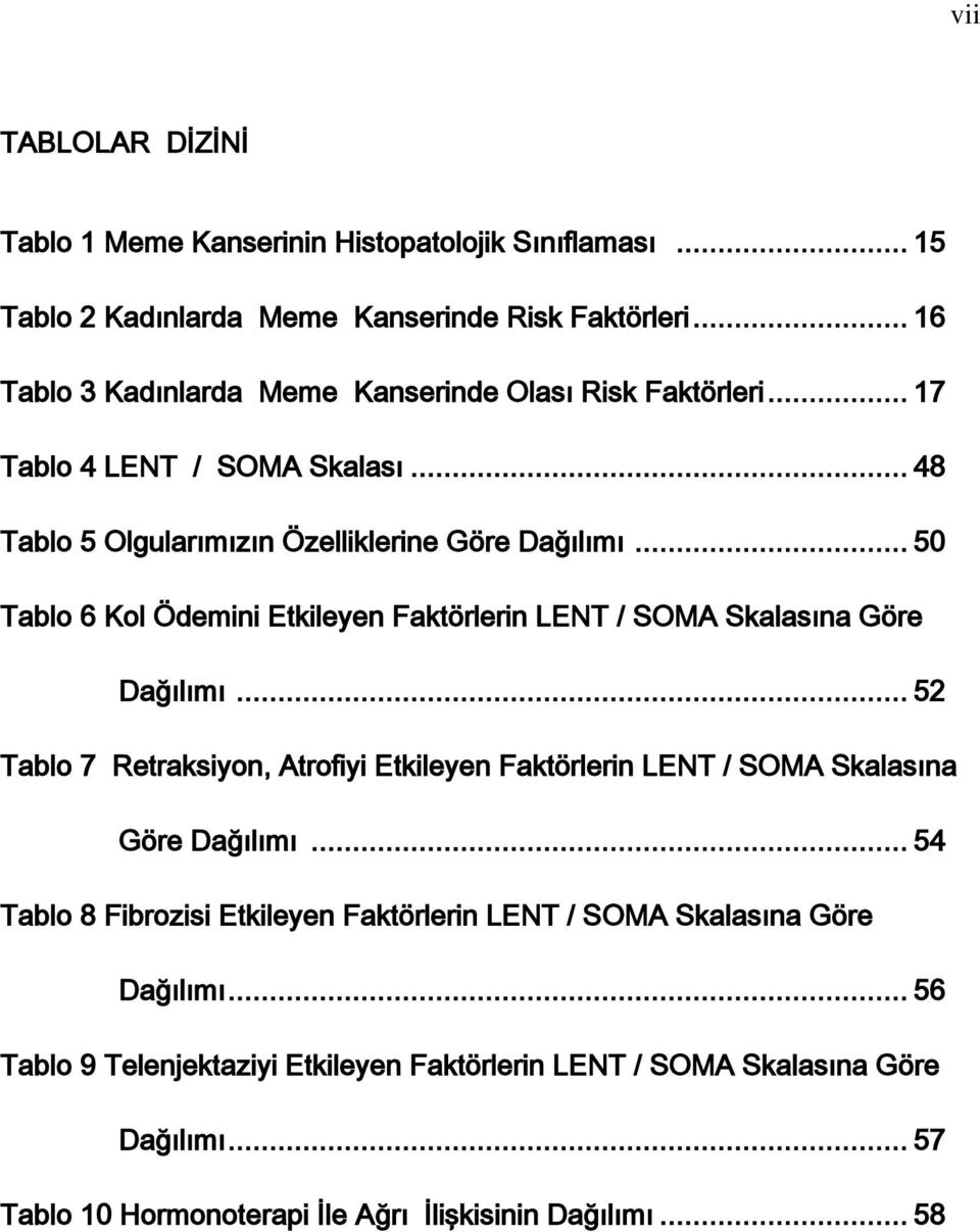 .. 50 Tablo 6 Kol Ödemini Etkileyen Faktörlerin LENT / SOMA Skalasına Göre Dağılımı.