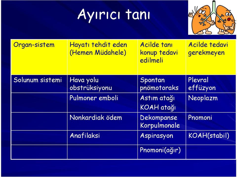 Spontan pnömotoraks Plevral effüzyon Pulmoner emboli Astım atağı KOAH atağı Neoplazm