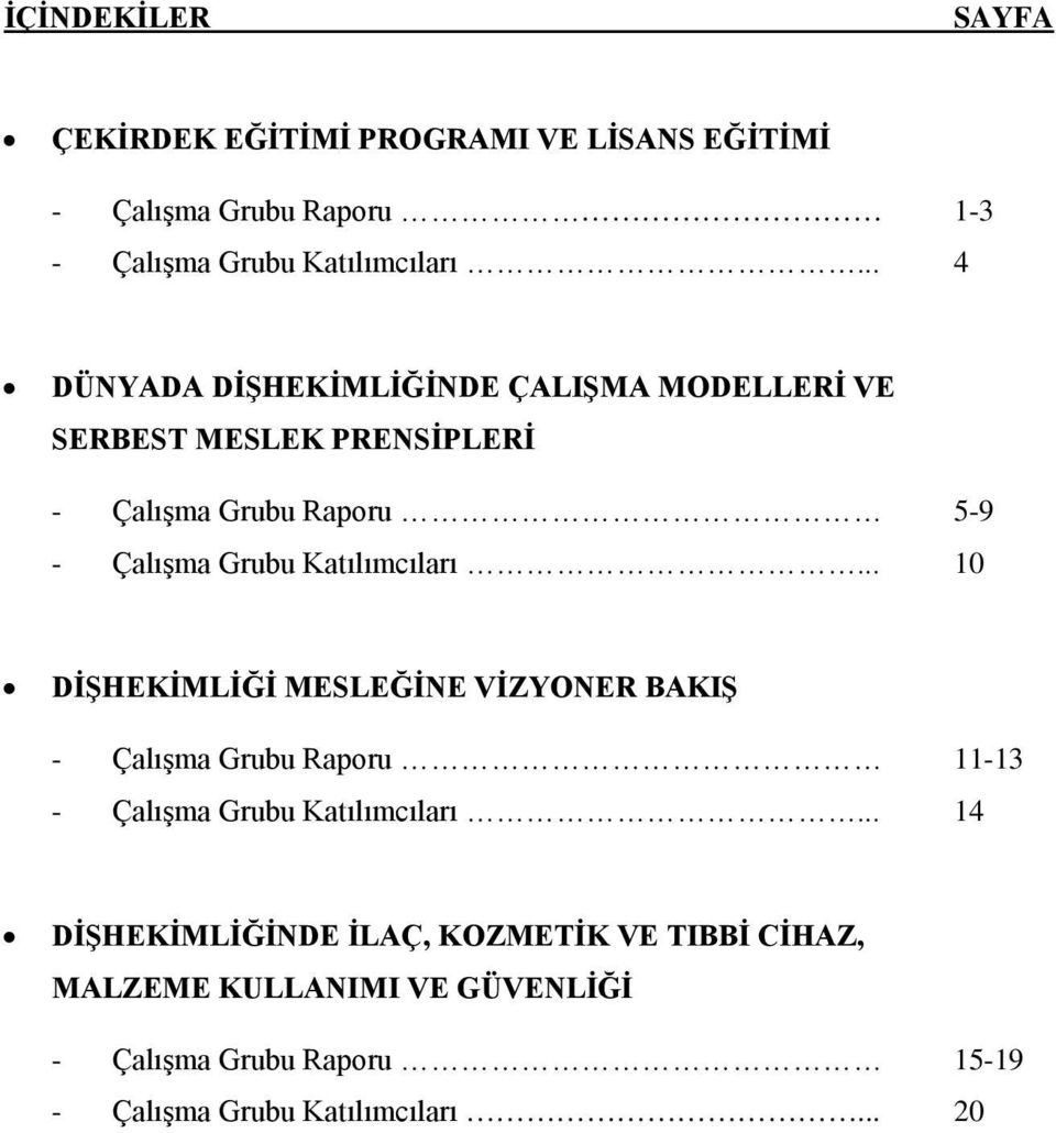 Katılımcıları... 10 DİŞHEKİMLİĞİ MESLEĞİNE VİZYONER BAKIŞ - Çalışma Grubu Raporu 11-13 - Çalışma Grubu Katılımcıları.