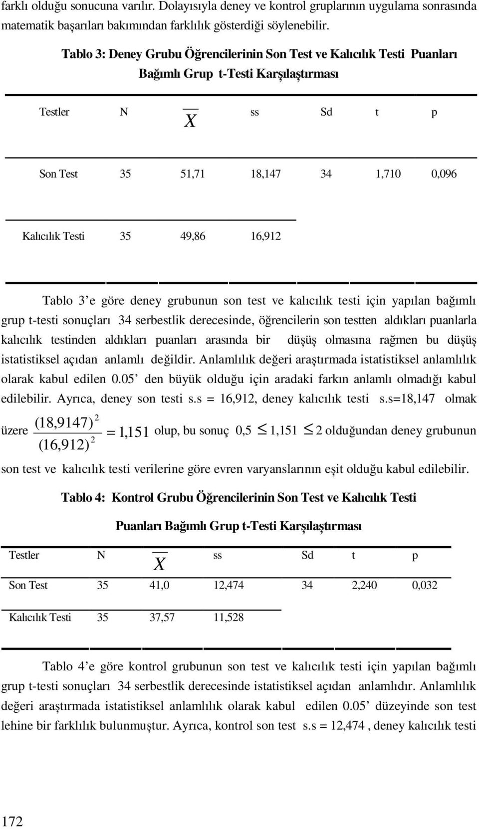 16,912 Tablo 3 e göre deney grubunun son test ve kalıcılık testi için yapılan bağımlı grup t-testi sonuçları 34 serbestlik derecesinde, öğrencilerin son testten aldıkları puanlarla kalıcılık