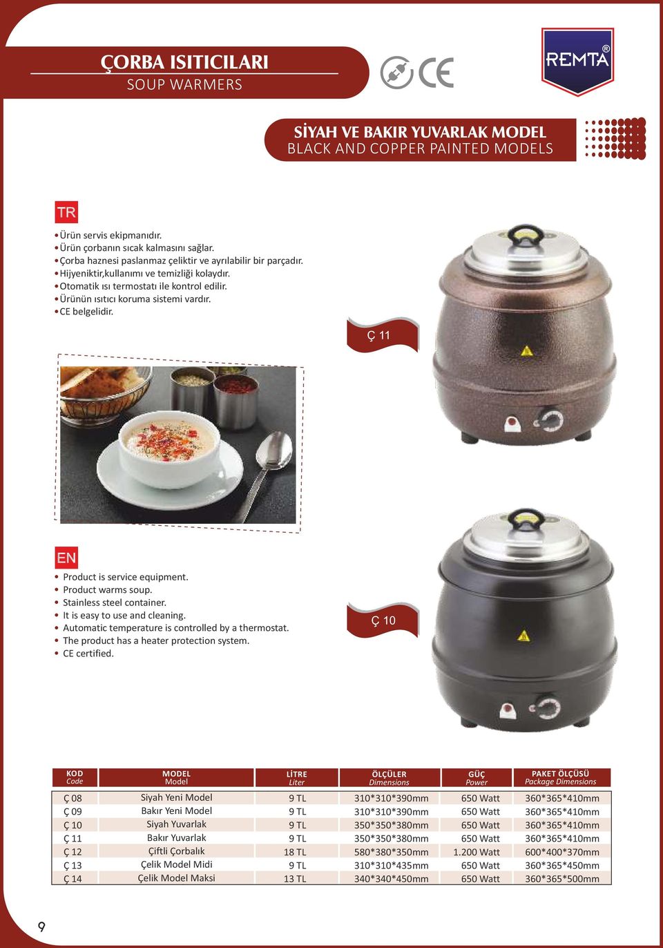 Ç 11 Product is service equipment. Product warms soup. Stainless steel container. It is easy to use and cleaning. Automatic temperature is controlled by a thermostat.