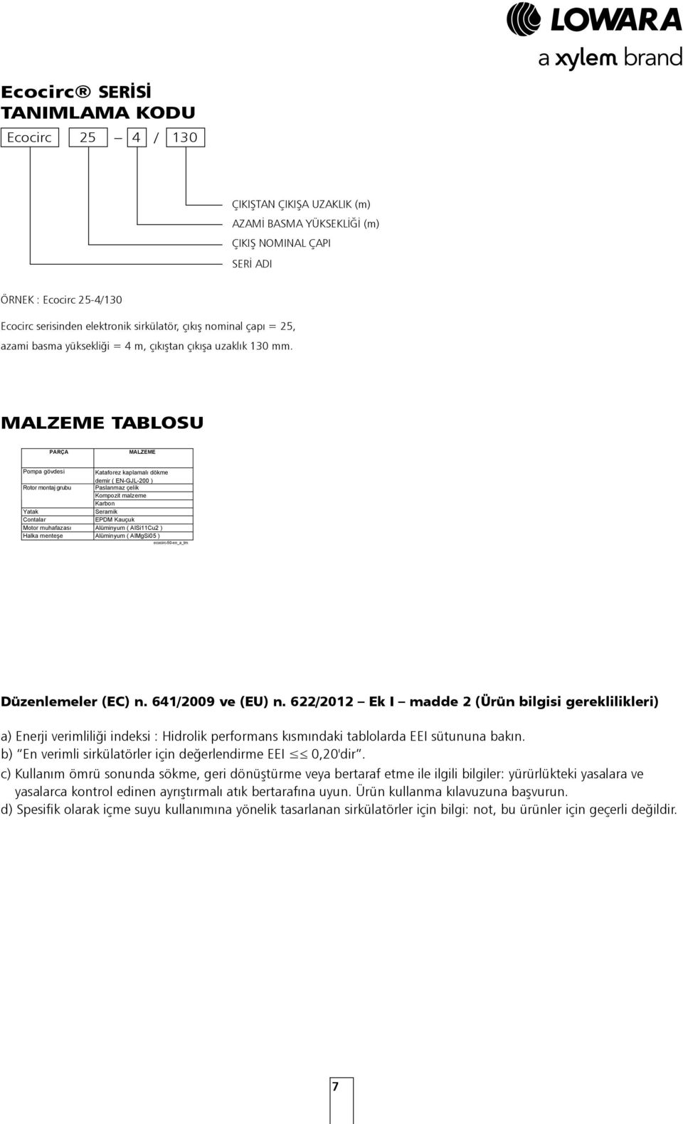 GİRİŞ NOMİNAL ÇAPI SERİ ADI ÖRNEK : Ecocirc -/ Ecocirc serisi elektronik sirkülatörü, giriş nominal çap =, maks basma yüksekliği = m, girişten girişe mesafe mm.