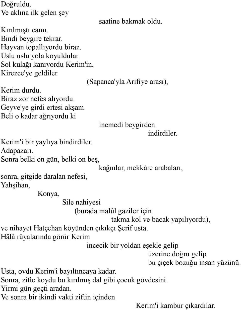 Beli o kadar ağrıyordu ki inemedi beygirden indirdiler. Kerim'i bir yaylıya bindirdiler. Adapazarı.