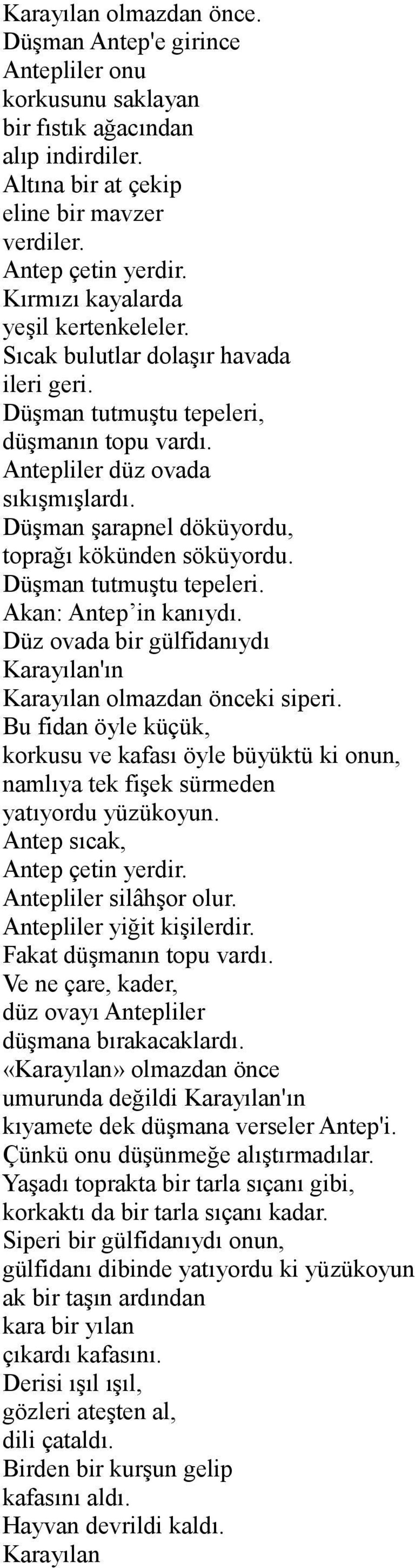 Düşman şarapnel döküyordu, toprağı kökünden söküyordu. Düşman tutmuştu tepeleri. Akan: Antep in kanıydı. Düz ovada bir gülfidanıydı Karayılan'ın Karayılan olmazdan önceki siperi.