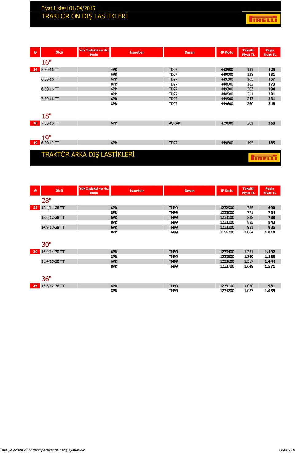 00-19 TT 6PR TD27 449800 195 185 TRAKTÖR ARKA DIŞ LASTİKLERİ 28" İşaretler Desen IP 28 12.4/11-28 TT 6PR TM99 1232900 725 690 8PR TM99 1233000 771 734 13.