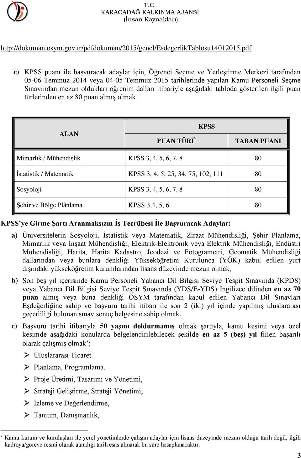 oldukları öğrenim dalları itibariyle aşağıdaki tabloda gösterilen ilgili puan türlerinden en az 80 puan almış olmak.