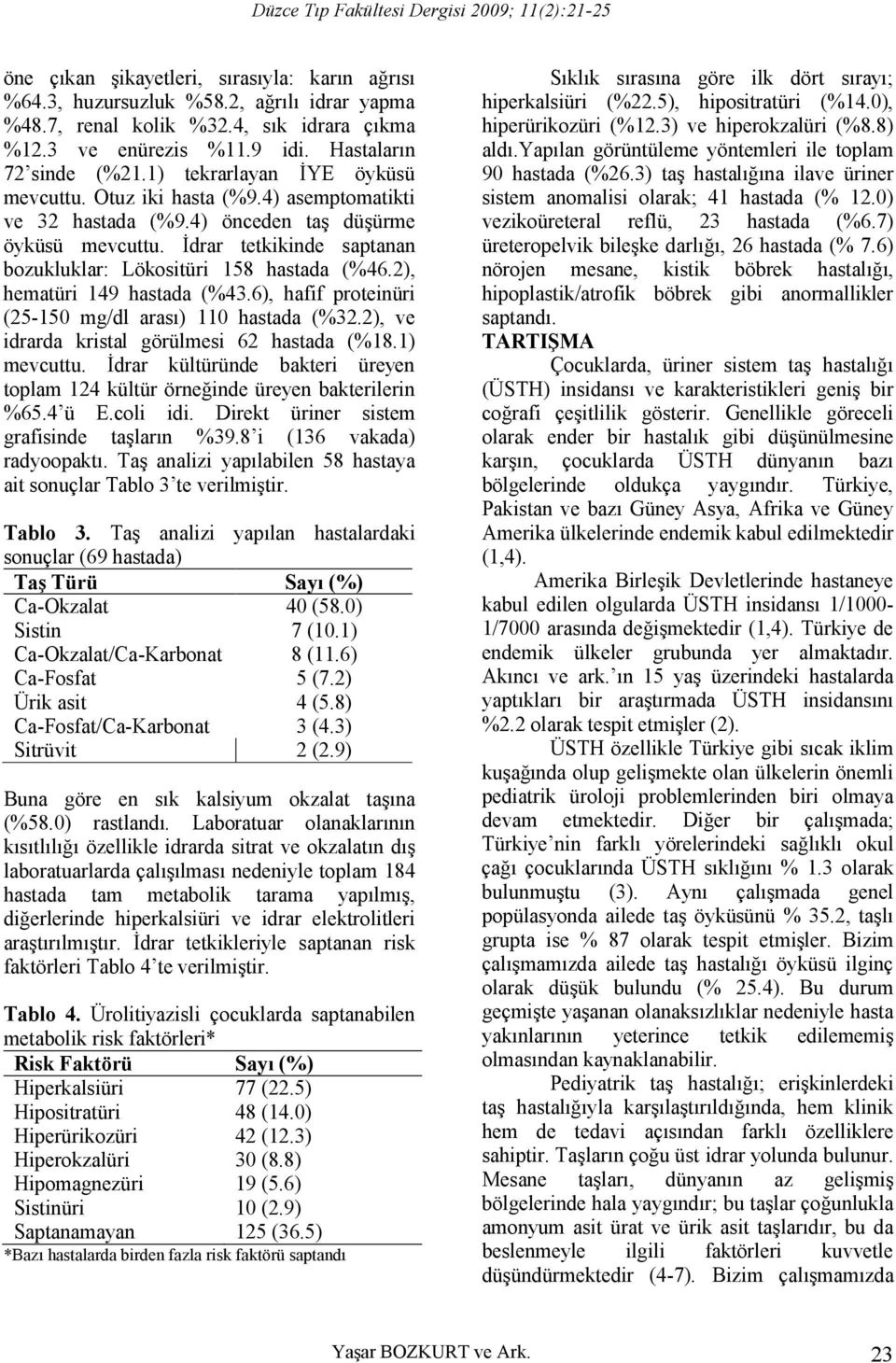 2), hematüri 149 hastada (%43.6), hafif proteinüri (25-150 mg/dl arası) 110 hastada (%32.2), ve idrarda kristal görülmesi 62 hastada (%18.1) mevcuttu.