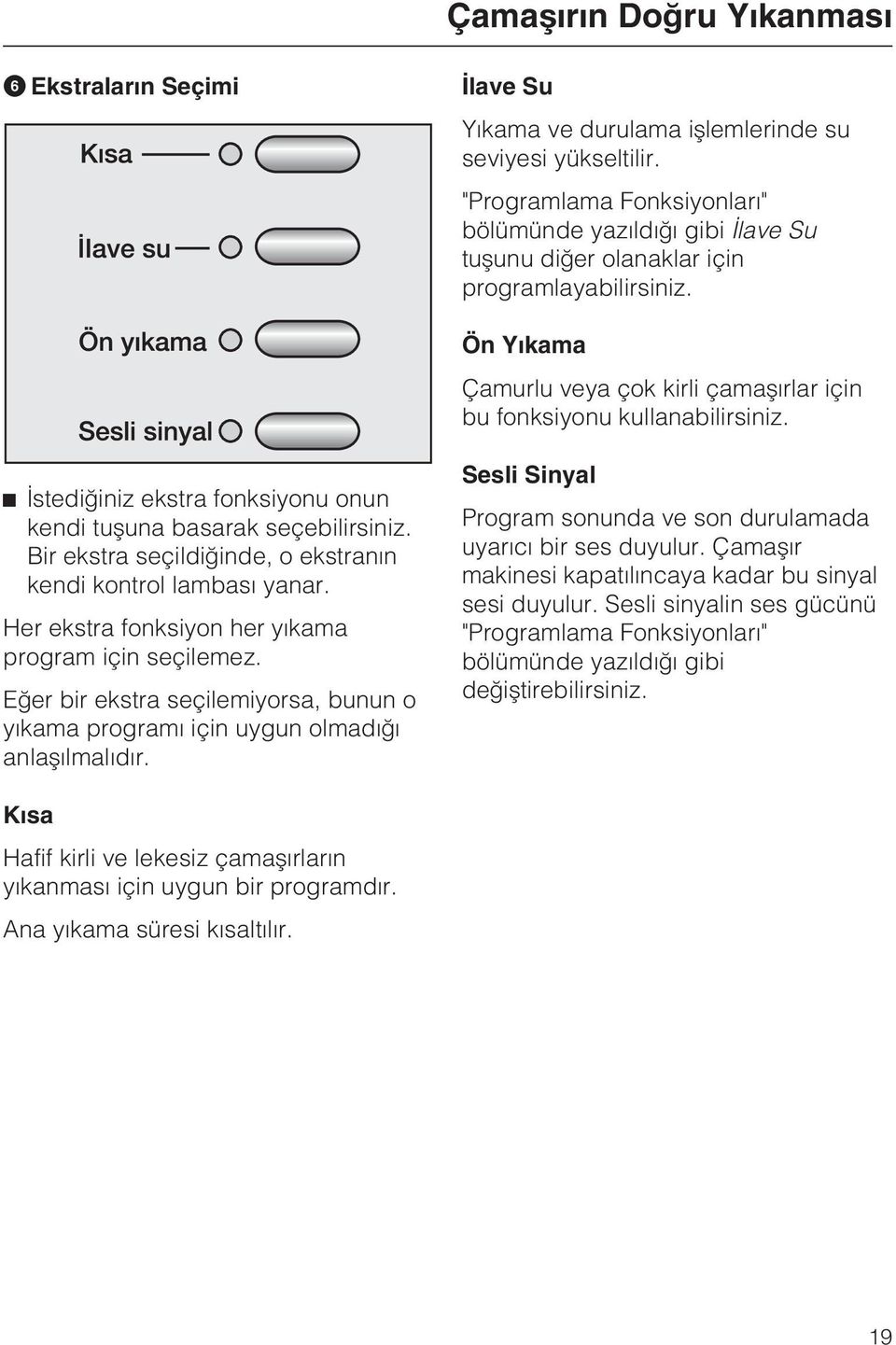 Ýstediðiniz ekstra fonksiyonu onun kendi tuþuna basarak seçebilirsiniz. Bir ekstra seçildiðinde, o ekstranýn kendi kontrol lambasý yanar. Her ekstra fonksiyon her yýkama program için seçilemez.