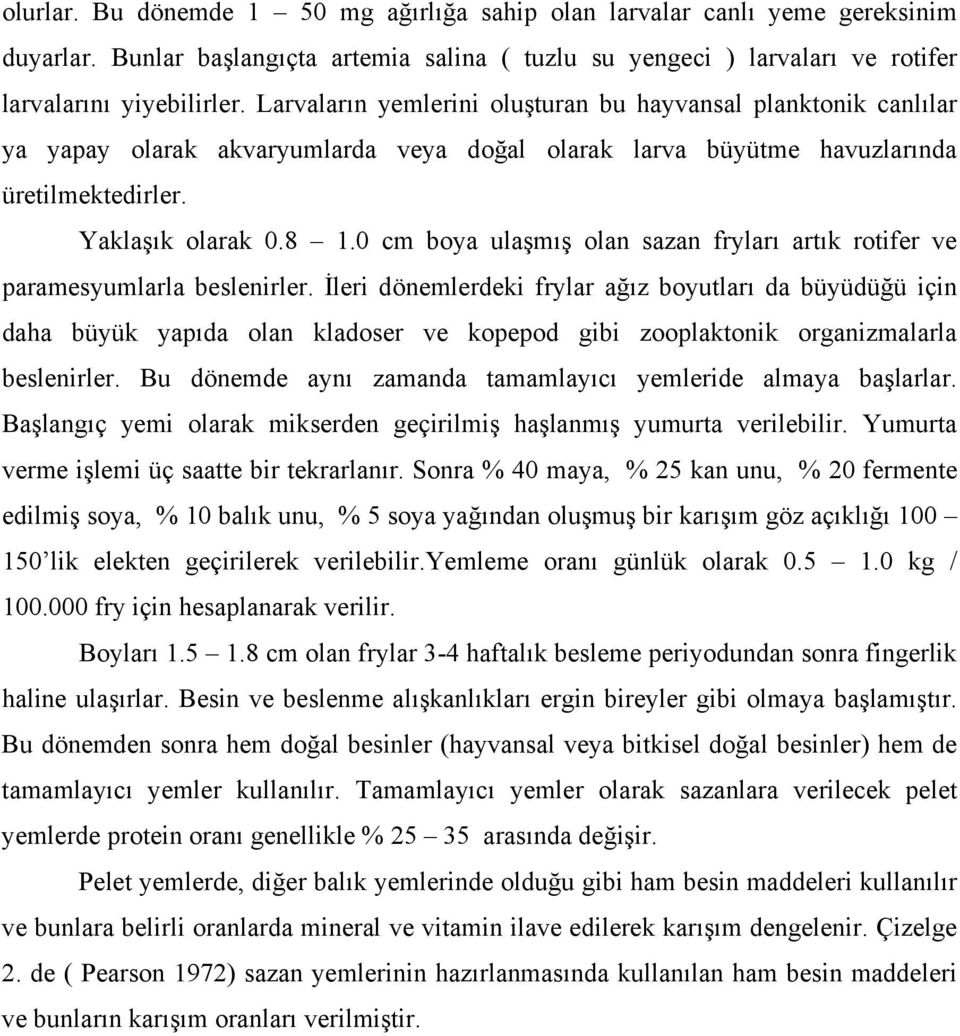 0 cm boya ulaşmış olan sazan fryları artık rotifer ve paramesyumlarla beslenirler.