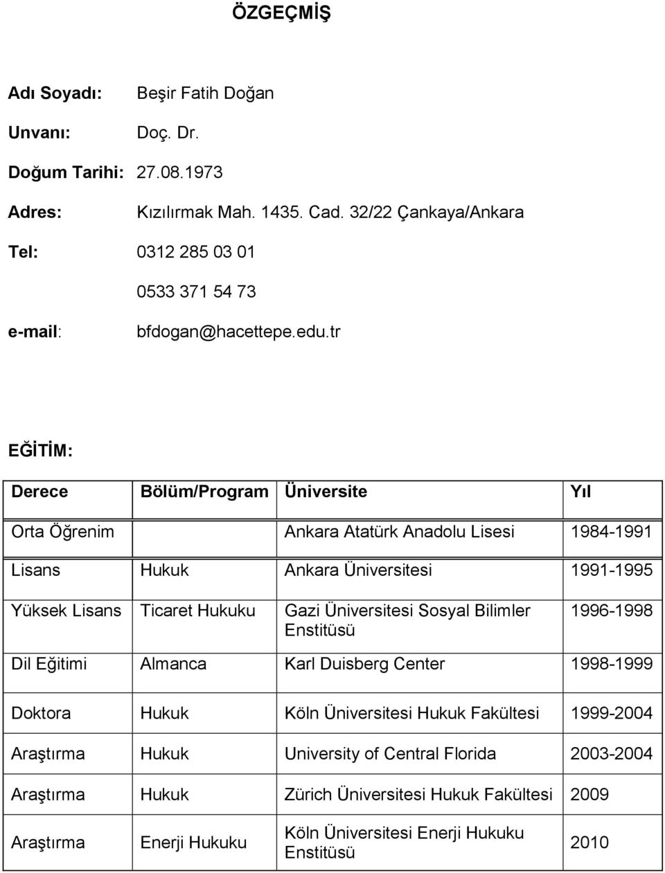 tr EĞİTİM: Derece Bölüm/Program Üniversite Yıl Orta Öğrenim Ankara Atatürk Anadolu Lisesi 1984-1991 Lisans Hukuk Ankara Üniversitesi 1991-1995 Yüksek Lisans Ticaret Hukuku Gazi