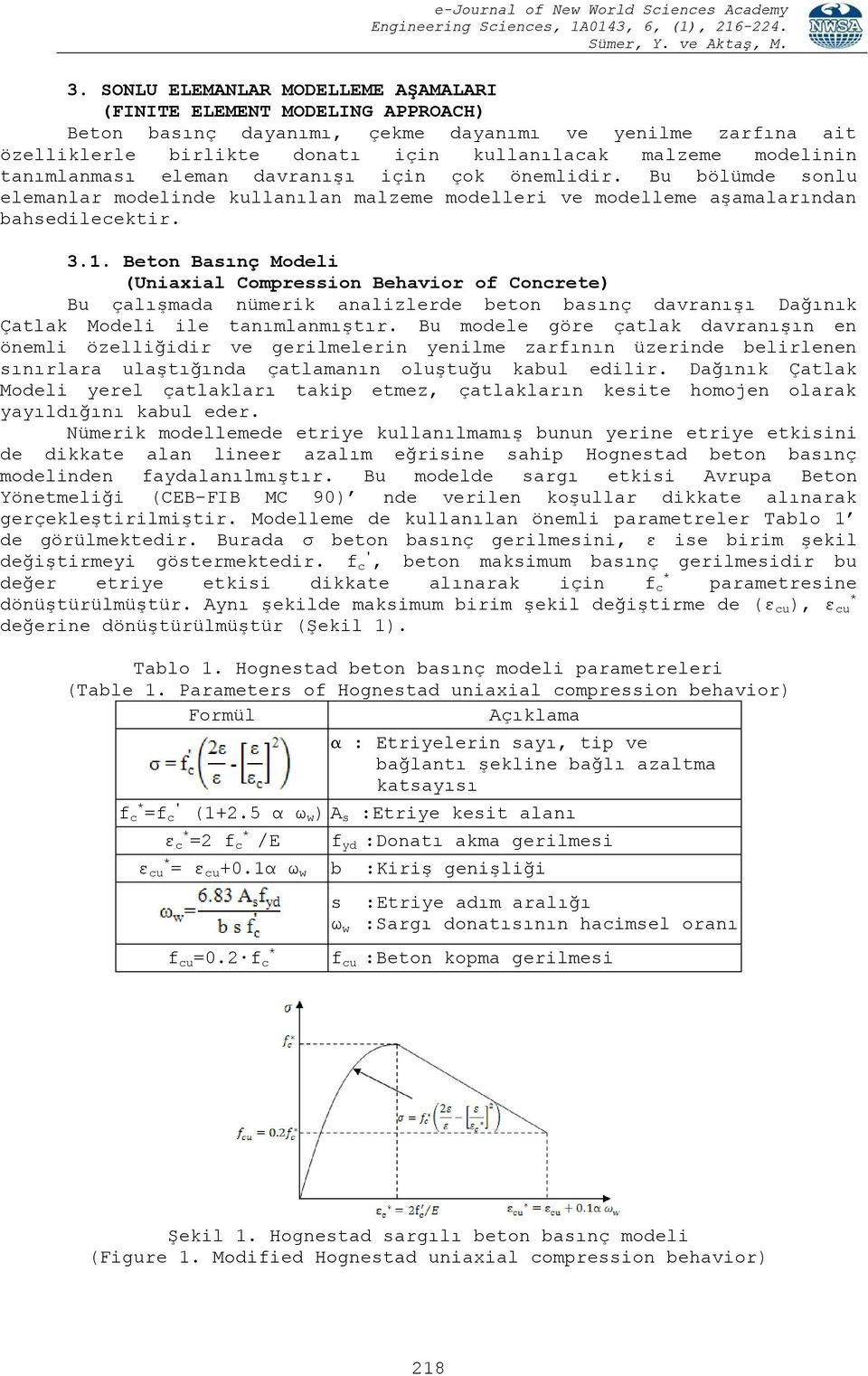 Beton Basınç Modeli (Uniaxial Compression Behavior of Concrete) Bu çalışmada nümerik analizlerde beton basınç davranışı Dağınık Çatlak Modeli ile tanımlanmıştır.