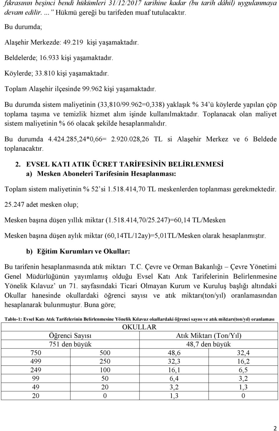 962=0,338) yaklaşık % 34 ü köylerde yapılan çöp toplama taşıma ve temizlik hizmet alım işinde kullanılmaktadır. Toplanacak olan maliyet sistem maliyetinin % 66 olacak şekilde hesaplanmalıdır.