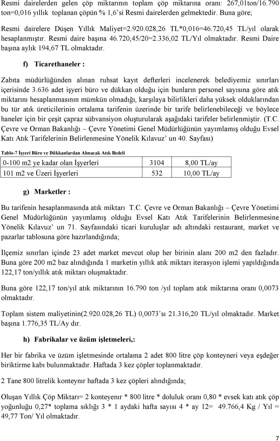 Resmi Daire başına aylık 194,67 TL olmaktadır. f) Ticarethaneler : Zabıta müdürlüğünden alınan ruhsat kayıt defterleri incelenerek belediyemiz sınırları içerisinde 3.