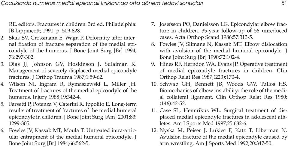 Dias JJ, Johnson GV, Hoskinson J, Sulaiman K. Management of severely displaced medial epicondyle fractures. J Orthop Trauma 1987;1:59-62. 4. Wilson NI, Ingram R, Rymaszewski L, Miller JH.