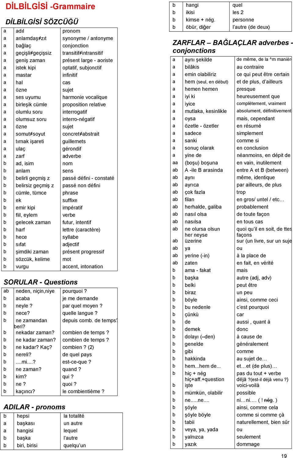 infinitif a hal cas a özne sujet a ses uyumu harmonie vocalique a birle$ik cümle proposition relative a olumlu soru interrogatif a olumsuz soru interro-négatif a özne sujet a somut'soyut