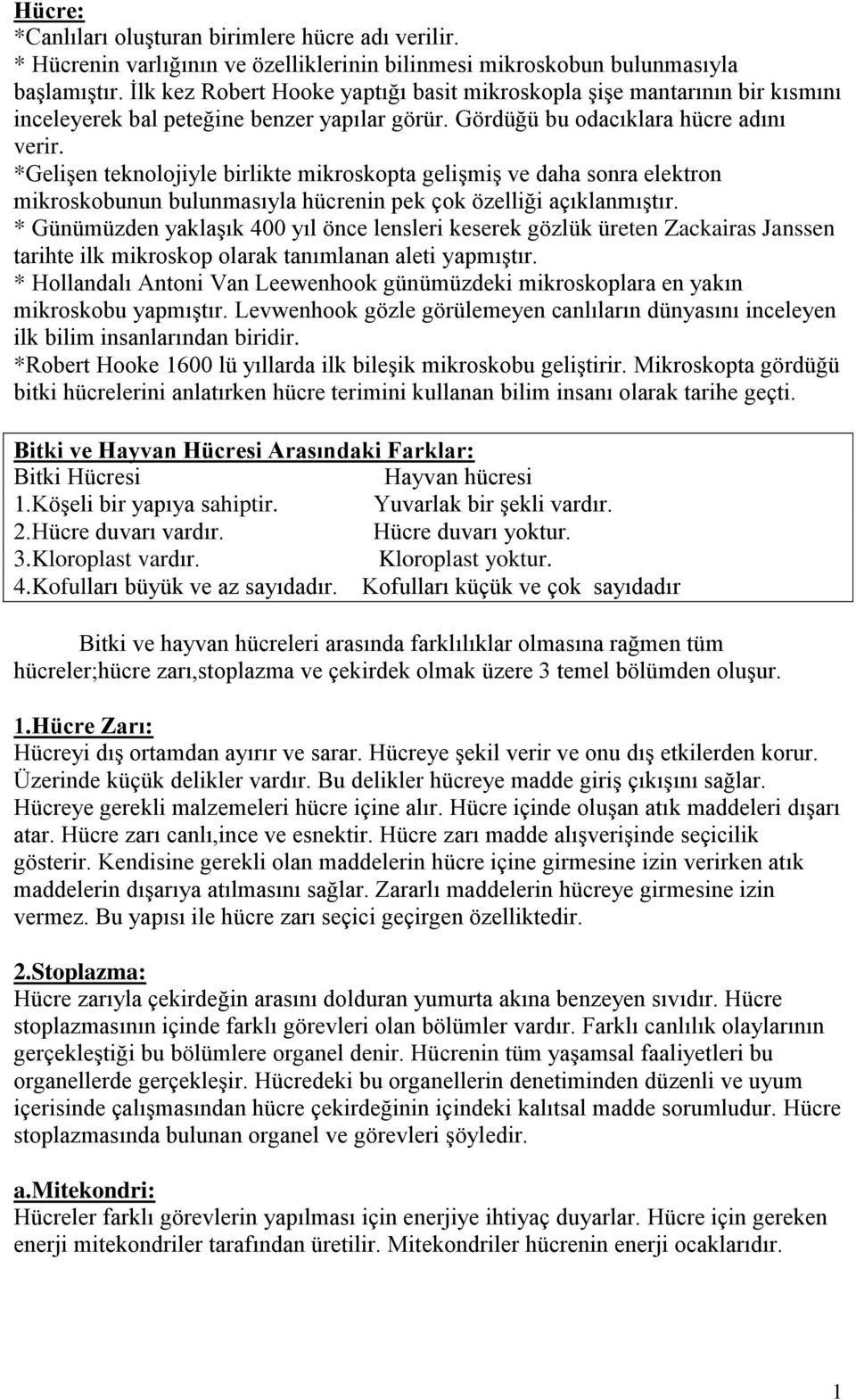 *Gelişen teknolojiyle birlikte mikroskopta gelişmiş ve daha sonra elektron mikroskobunun bulunmasıyla hücrenin pek çok özelliği açıklanmıştır.