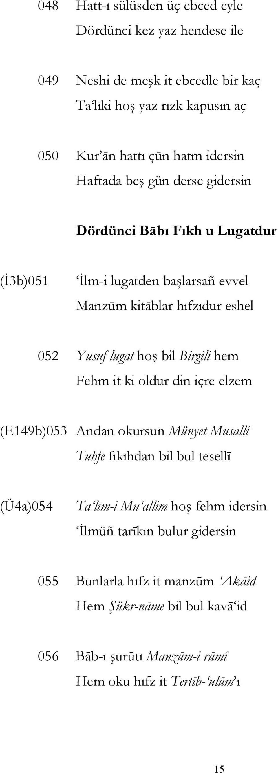 bil Birgili hem Fehm it ki oldur din içre elzem (E149b)053 Andan okursun Münyet Musallî Tuhfe fıkıhdan bil bul tesellī (Ü4a)054 Ta līm-i Mu allim hoş fehm