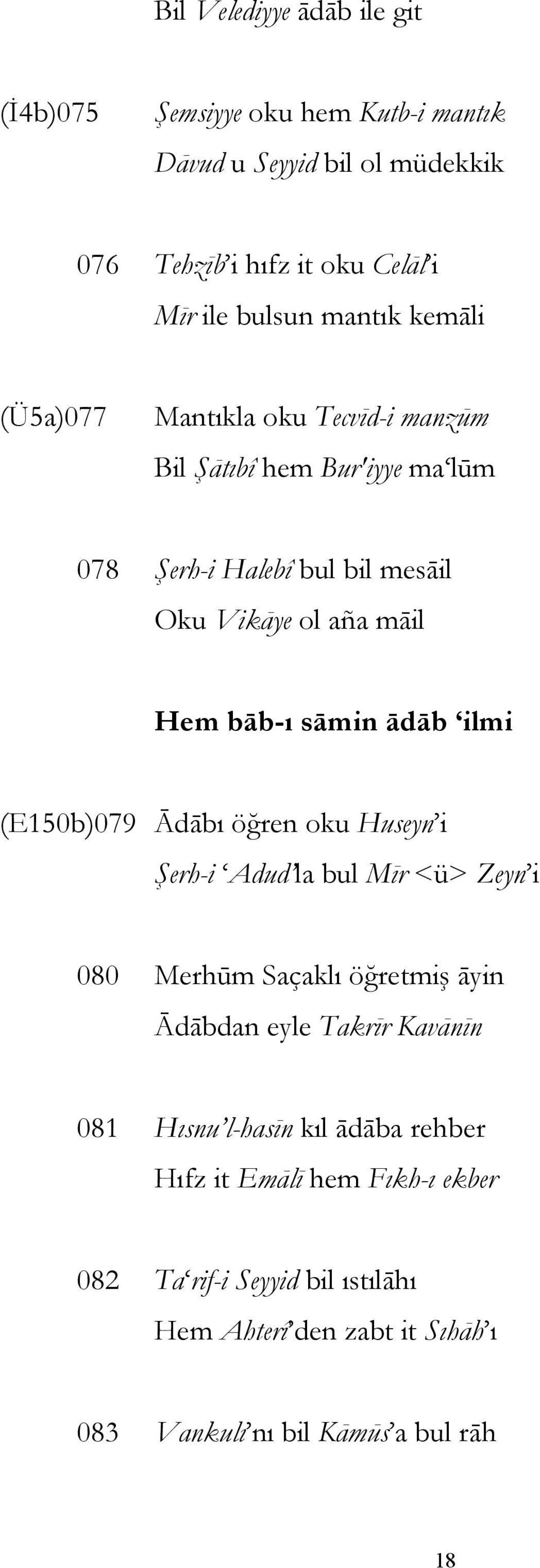 ilmi (E150b)079 Ādābı öğren oku Huseyn i Şerh-i Adud la bul Mīr <ü> Zeyn i 080 Merhūm Saçaklı öğretmiş āyin Ādābdan eyle Takrīr Kavānīn 081 Hısnu