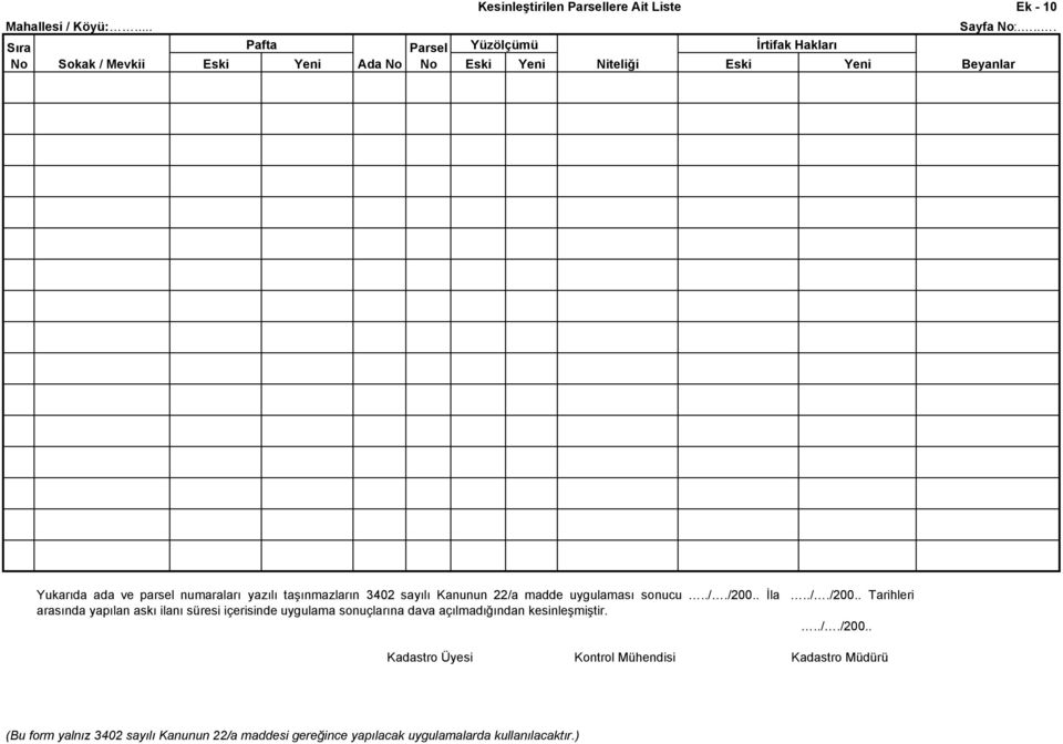 Eski Yeni Sayfa No:.... Beyanlar Yukarıda ada ve parsel numaraları yazılı taşınmazların 3402 sayılı Kanunun 22/a madde uygulaması sonucu.././200.