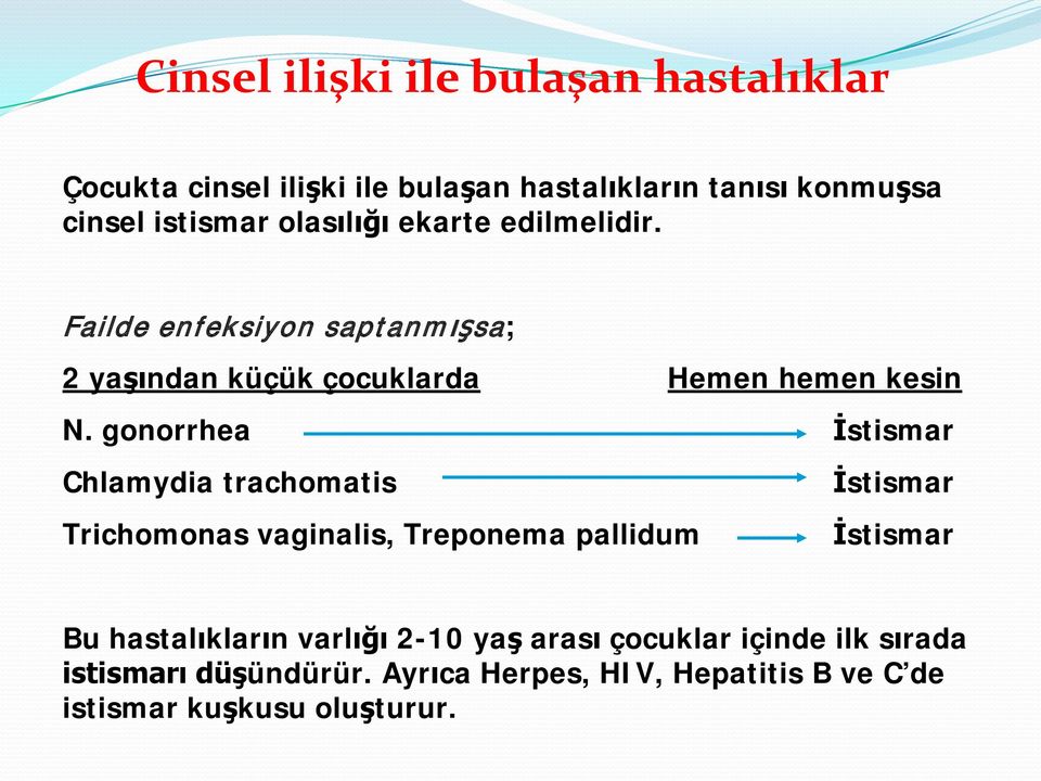 gonorrhea İstismar Chlamydia trachomatis Trichomonas vaginalis, Treponema pallidum İstismar İstismar Bu hastalıkların